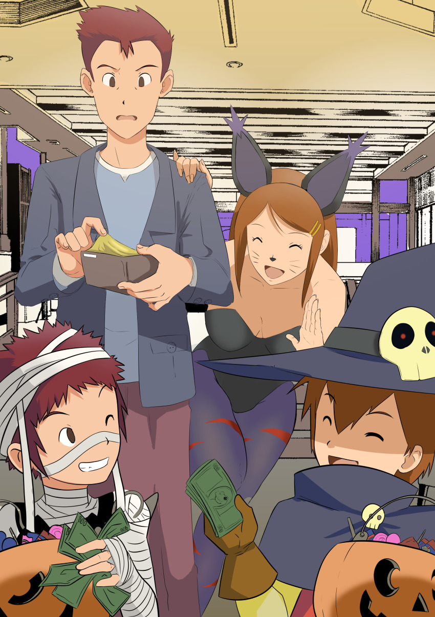 absurdres blacktailmon blacktailmon_(cosplay) cosplay digimon halloween halloween_costume highres looking_at_another motomiya_daisuke patoman000 wallet wizarmon wizarmon_(cosplay) yagami_hikari