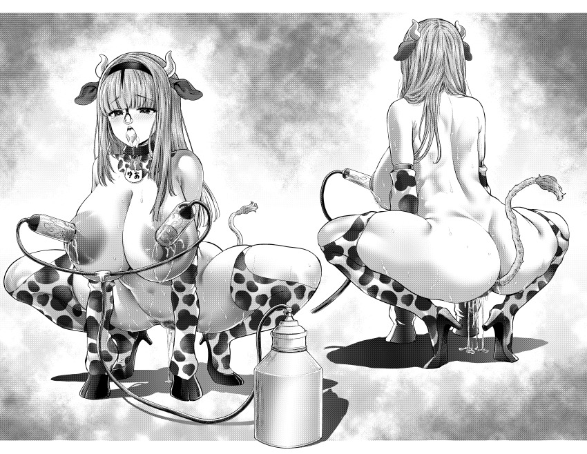 1girl absurdres all_fours anal_beads anal_tail animal_ears animal_print ass back bare_shoulders bdsm blunt_bangs blush breasts butt_plug censored clothing_cutout collar collar_tag container cow_ears cow_girl cow_horns cow_print cow_print_gloves cow_print_thighhighs cow_tail cum cum_in_mouth cum_on_tongue curvy elbow_gloves eyebrows_hidden_by_hair face_piercing fake_animal_ears fake_horns fake_tail female_focus female_pubic_hair from_behind full_body gloves hair_over_breasts harukado_yua high_heels highres hoof_gloves horns huge_breasts lactation large_areolae legs long_hair milking_machine monochrome mosaic_censoring multiple_views nipples nose_hook nose_piercing nose_ring official_art open_mouth pet_play piercing print_gloves print_thighhighs pubic_hair puffy_areolae pussy pussy_juice pussy_juice_trail ran_(yamatoagu) revealing_clothes sex_toy shadow simple_background skindentation slave small_horns spread_legs squatting sweat sweatdrop tail tearing_up teeth thick_thighs thighhighs thighs tongue tongue_out upper_teeth_only yoshibari_aubade