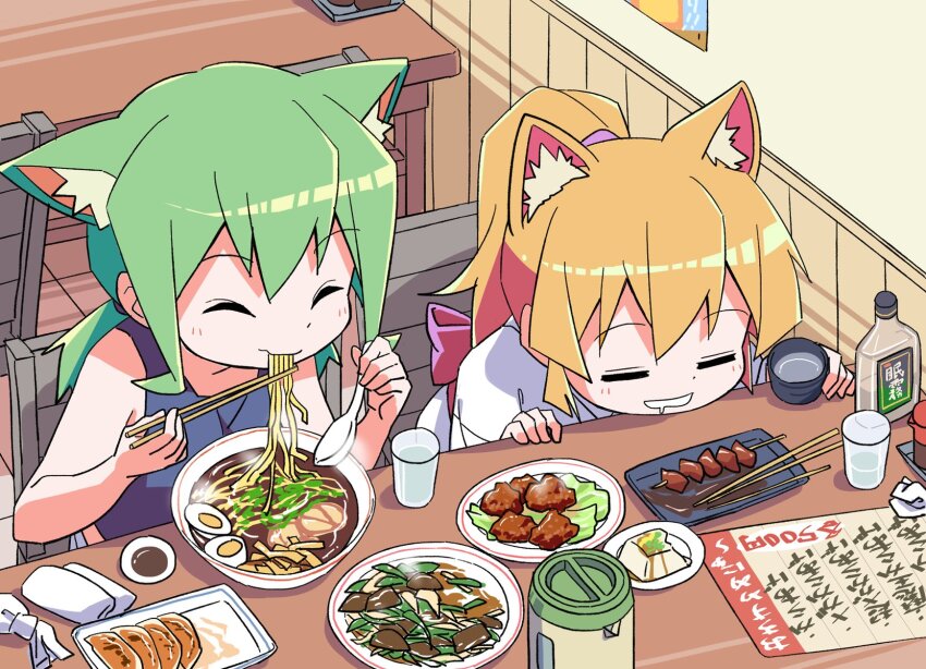 2girls animal_ear_fluff animal_ears bare_shoulders blonde_hair blue_tank_top bottle bow bowl chopped_spring_onion chopsticks clenched_teeth closed_eyes closed_mouth cup drooling eating egg_(food) facing_to_the_side fish_(food) food fox_ears fox_girl green_hair hair_between_eyes hair_tie head_on_table highres holding holding_chopsticks holding_spoon interior irori_(roku_no_hito) japanese_clothes kimono lettuce meat meatball medium_hair multiple_girls napkin noodles original painting_(object) plate ponytail ramen red_bow red_sash roku_no_hito sash sashimi sauce sidelocks smile soup soy_sauce soy_sauce_bottle spoon squinting table tank_top teeth thermos tofu translation_request unagi_(roku_no_hito) white_kimono wooden_chair wooden_table