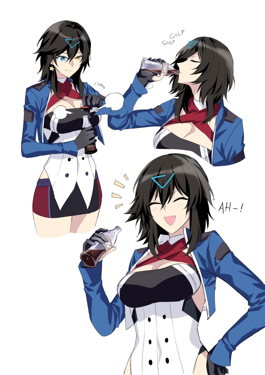 1girl absurdres azur_lane black_gloves black_hair blue_eyes blue_jacket bottle breasts closed_eyes commentary drink earrings georgia_(azur_lane) glass_bottle gloves hair_ornament hand_on_own_hip heterochromia highres holding holding_bottle jacket jewelry large_breasts long_hair long_sleeves miniskirt multiple_views open_mouth simple_background skirt star_(symbol) star_earrings suprii triangle_hair_ornament white_background yellow_eyes