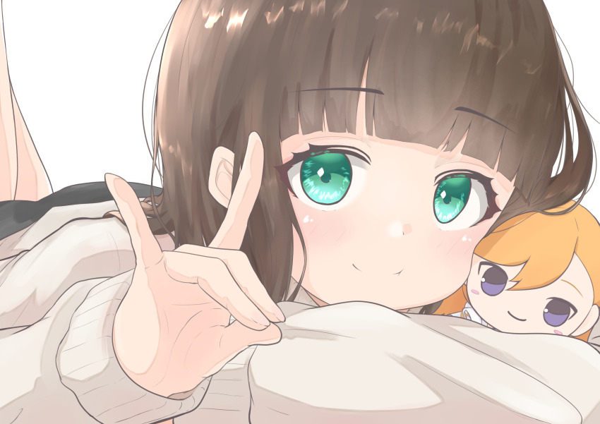 1girl absurdres black_shorts blunt_bangs brown_hair character_doll cheek_press closed_mouth commentary feet_up fox_shadow_puppet green_eyes grey_sweater hair_down hajimari_wa_kimi_no_sora highres long_hair long_sleeves love_live! love_live!_superstar!! lying on_stomach orange_hair purple_eyes sakurakoji_kinako shibuya_kanon shorts smile solo split_mouth sweater the_pose white_background zacuro