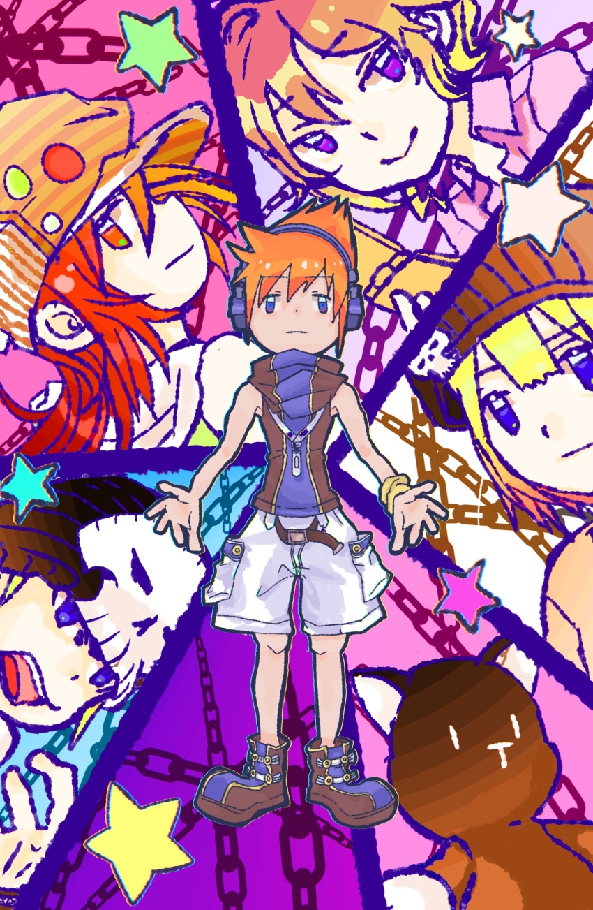 2girls 3boys beanie belt bito_daisukenojo bito_raimu black_headwear black_shirt blonde_hair blue_eyes cabbie_hat chain closed_mouth eyebrows_hidden_by_hair grey_shirt hat headphones high_collar highres kiryu_yoshiya loose_belt misaki_shiki mp3_player multiple_boys multiple_girls nyantan orange_hair purple_eyes purple_shirt red_hair sakuraba_neku shirt shorts skull_pin skull_print sleeveless sleeveless_shirt smile spiked_hair star_(symbol) stuffed_animal stuffed_cat stuffed_toy subarashiki_kono_sekai two-tone_shirt white_shorts