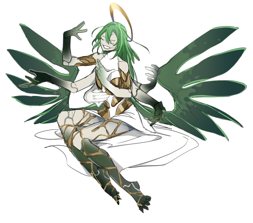 1boy absurdres angel barefoot borrowed_character closed_eyes colored_extremities colored_skin commentary_request dress extra_arms extra_eyes facing_viewer full_body green_skin green_wings grin halo hand_on_own_chest hands_up highres long_hair male_focus monster_boy original plant_boy plant_hair plant_roots plant_wings simple_background sitting smile solo trap white_background white_dress wings zzb_azz