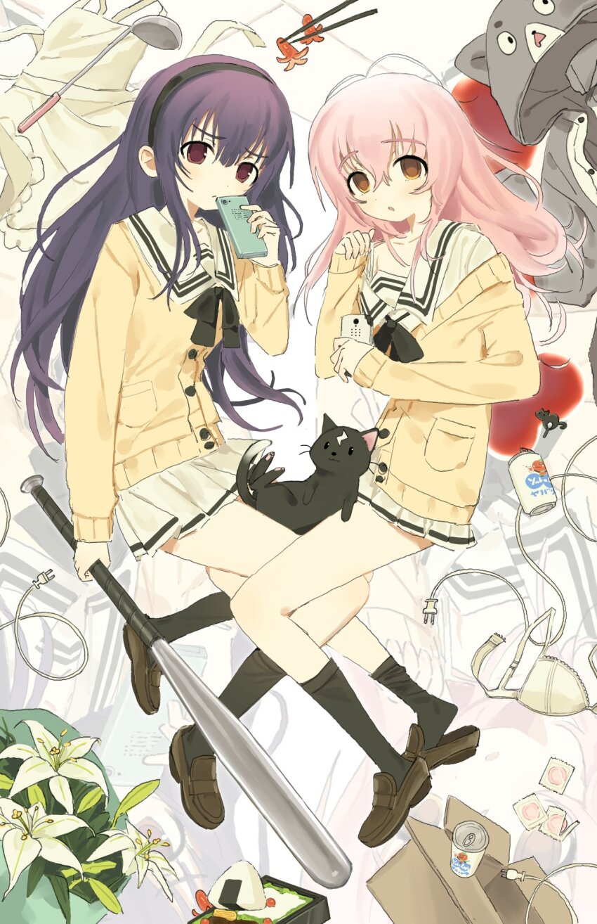 2girls baseball_bat bento black_cat black_hairband black_socks box bra brown_shoes can cardboard_box cat cellphone chopsticks commentary condom english_commentary flower food hairband highres holding holding_baseball_bat holding_phone kimi_to_kanojo_to_kanojo_no_koi. ladle loafers long_hair long_sleeves mota_(motaberrie) mukou_aoi_(totono) multiple_girls onigiri phone pink_hair pleated_skirt purple_hair red_eyes sailor_collar school_uniform shoes skirt smartphone socks sone_miyuki underwear unworn_bra white_bra white_flower white_sailor_collar white_skirt