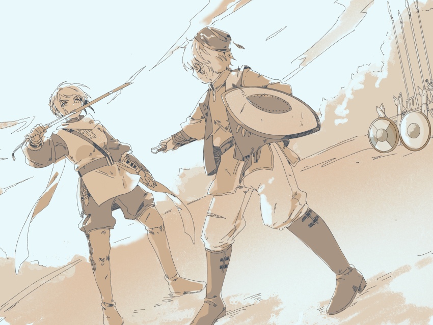 1boy 1girl absurdres aged_down arm_guards axis_powers_hetalia battle belt bleeding blood blood_on_face boots braid breasts brown_theme character_request check_character cross cross_print cuts dagger day duel dutch_angle facing_another fermium.ice fighting_stance hat highres injury knife long_sleeves looking_at_another medium_breasts mouth_hold outdoors outstretched_arm pants pants_tucked_in polearm puffy_long_sleeves puffy_sleeves reverse_grip russia_(hetalia) sash scarf sheath shield short_hair sky spear tabard torn_clothes torn_pants ukraine_(hetalia) unsheathing updo vest weapon