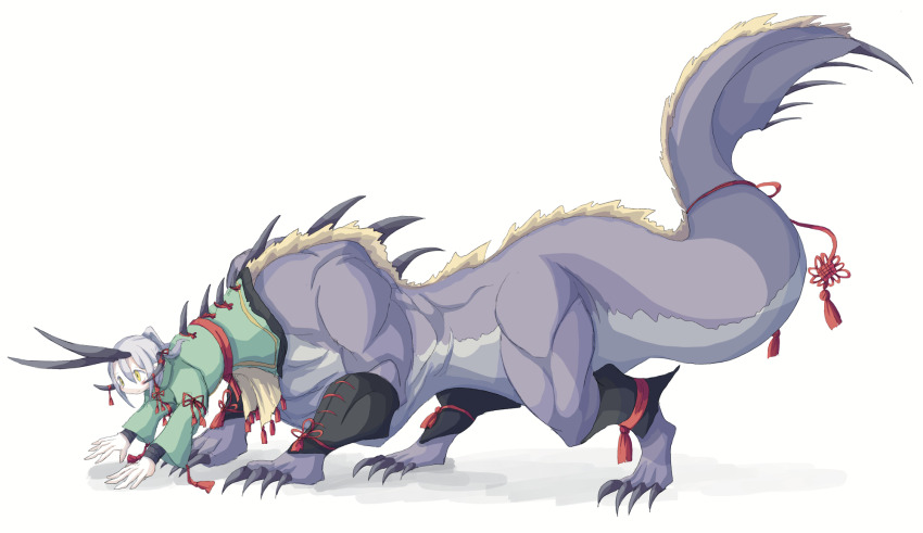 1girl 4138 black_horns black_thighhighs centauroid chinese_clothes commentary full_body green_shirt grey_hair highres horns long_sleeves medium_hair monster_girl multiple_horns original ponytail shirt simple_background solo spikes standing tail tassel taur thighhighs white_background