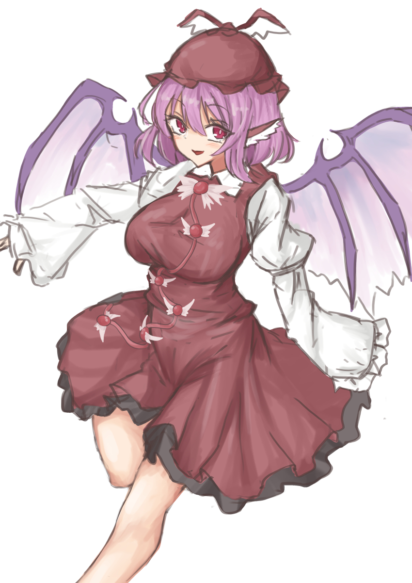 1girl absurdres alternate_breast_size_(larger) bare_legs bird_girl bird_wings blush breasts brown_dress brown_hat commentary_request dress foot_out_of_frame hat highres kuraki large_breasts long_sleeves looking_at_viewer mystia_lorelei pink_hair red_eyes shirt short_hair simple_background smile solo touhou white_background white_shirt wing_ears wing_hat_ornament wing_ornament wings