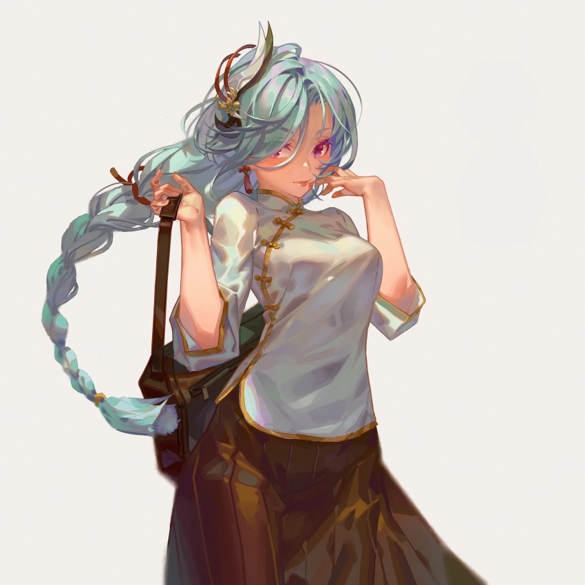 1girl absurdres alternate_costume bag black_skirt blue_hair braid breasts chinese_clothes closed_mouth cowboy_shot earrings eyelashes eyes_visible_through_hair floating_hair genshin_impact grey_hair hair_between_eyes hair_ornament hair_over_one_eye hair_ribbon hands_up highres holding holding_bag holding_own_hair jewelry lipstick long_hair looking_at_viewer low-braided_long_hair low-tied_long_hair makeup pleated_skirt purple_eyes red_lips red_ribbon ribbon rui_(gsr1982) shenhe_(genshin_impact) shirt shoulder_bag simple_background skirt three-quarter_sleeves solo tassel tassel_earrings taut_clothes taut_shirt toggles very_long_hair white_shirt