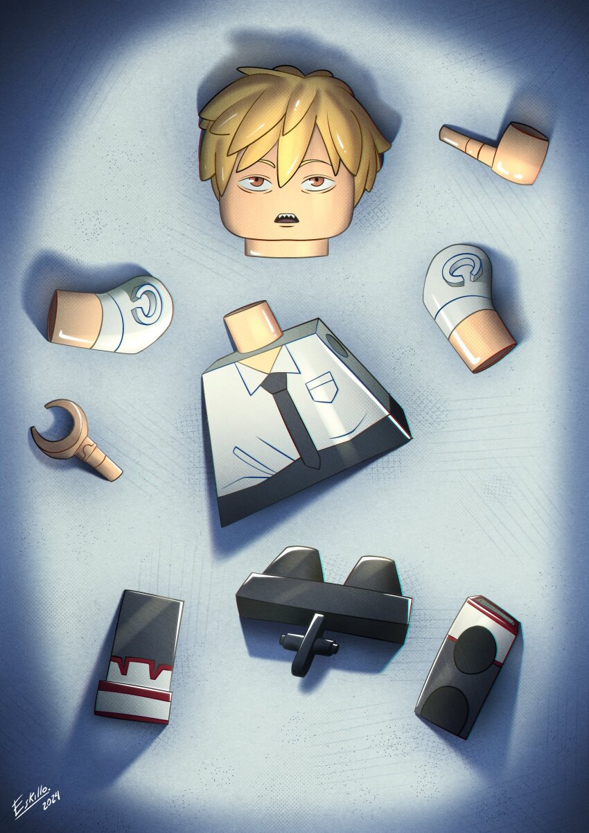 1boy absurdres artist_name black_necktie black_pants blonde_hair chainsaw_man dated denji_(chainsaw_man) eskillo highres lego lego_minifig male_focus necktie orange_eyes pants sharp_teeth shirt short_hair solo teeth the_lego_group toy white_shirt