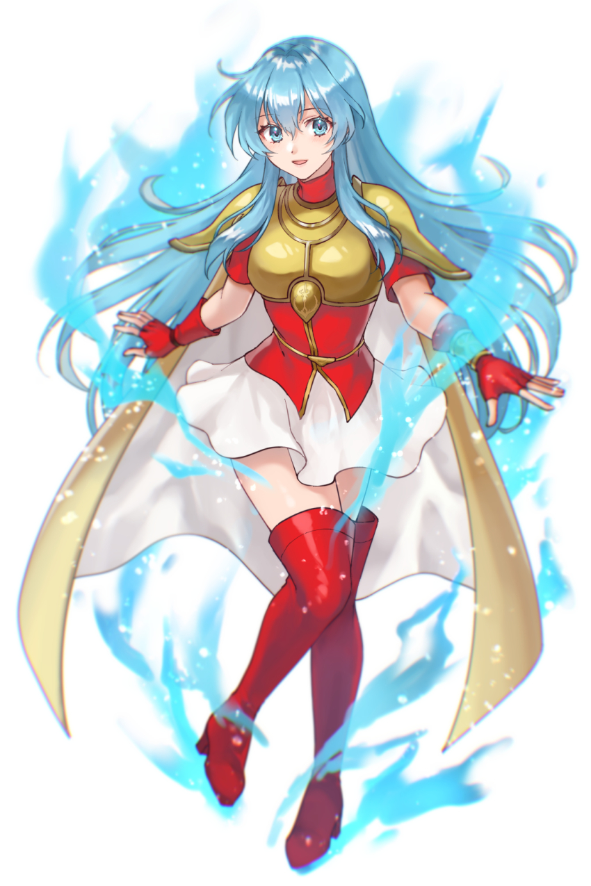 1girl :d aqua_eyes aqua_hair armor boots bracelet breastplate cape eirika_(emblem)_(fire_emblem) eirika_(fire_emblem) fingerless_gloves fire_emblem fire_emblem:_the_sacred_stones fire_emblem_engage full_body gloves hair_between_eyes hazuki_(nyorosuke) highres jewelry long_hair looking_at_viewer nintendo open_mouth pauldrons red_boots red_gloves red_shirt shirt short_sleeves shoulder_armor sidelocks skirt smile solo thigh_boots very_long_hair white_background white_skirt