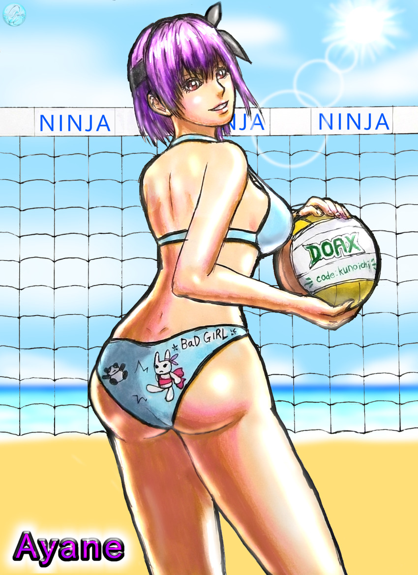 1girl animal_print ass ayane_(doa) ball beach beach_volleyball bear_print bikini black_ribbon blue_bikini blush breasts brown_eyes clothes_writing cloud dead_or_alive dead_or_alive_xtreme from_behind grin hair_ribbon hairband highres holding holding_ball large_breasts looking_at_viewer looking_back ocean panda_print print_bikini purple_hair rabbit_print ribbon sand short_hair sky smile standing sun swimsuit takahane_(higher_feather) teeth volleyball volleyball_(object) volleyball_net water