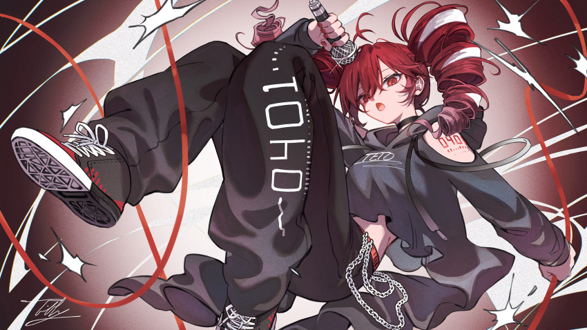 1girl absurdres arm_cutout arm_tattoo belt black_choker black_pants black_shoes chain choker clothing_cutout contemporary cropped_hoodie drawstring drill_hair floating_clothes gradient_background grey_hoodie hair_ribbon highres holding holding_microphone hood hoodie kasane_teto kasane_teto_(sv) long_sleeves looking_at_viewer medium_hair microphone multicolored_hair number_tattoo open_mouth pants pink_hair red_background red_belt red_hair ribbon shoes solo sweatpants synthesizer_v tattoo tiffy_owoo twin_drills variant_set video_thumbnail white_background white_ribbon