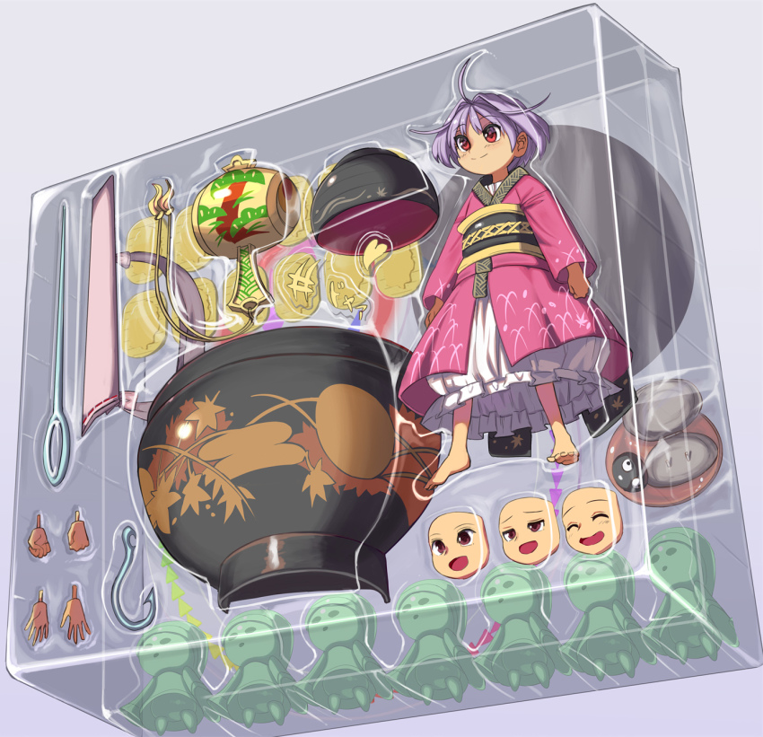 1girl ahoge barefoot bowl box closed_eyes closed_mouth multiple_expressions figure full_body grey_background highres hook japanese_clothes kimono long_sleeves miracle_mallet needle open_mouth purple_hair red_eyes red_kimono sash short_hair simple_background smile solo sukuna_shinmyoumaru syope touhou