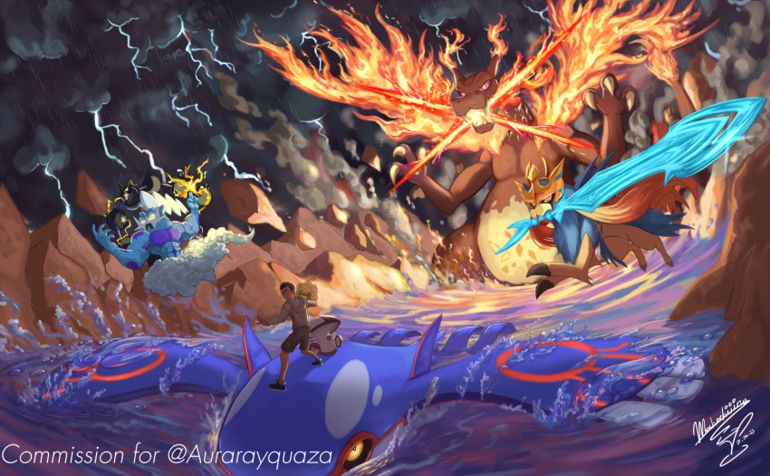 1boy abs amoonguss armor black_eyes black_sclera charizard claws cloud colored_sclera dragon fire gen_1_pokemon gen_3_pokemon gen_5_pokemon gen_8_pokemon genie gigantamax gigantamax_charizard kyogre legendary_pokemon mochachiiino mouth_hold nintendo pokemon pokemon_(creature) rain signature swimming sword thundurus water weapon whimsicott wings wolf yellow_eyes yellow_sclera zacian