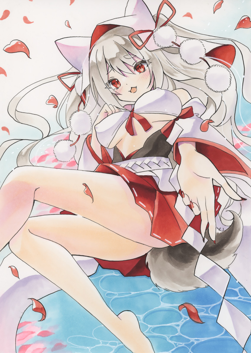 1girl absurdres azur_lane barefoot breasts covered_erect_nipples dress foot_out_of_frame highres japanese_clothes large_breasts looking_at_viewer marker_(medium) official_alternate_costume petals red_eyes red_nails red_skirt skirt solo thick_eyebrows traditional_media water wedding_dress white_dress yamiichif yuudachi_(azur_lane) yuudachi_(the_bride_of_solomon)_(azur_lane)