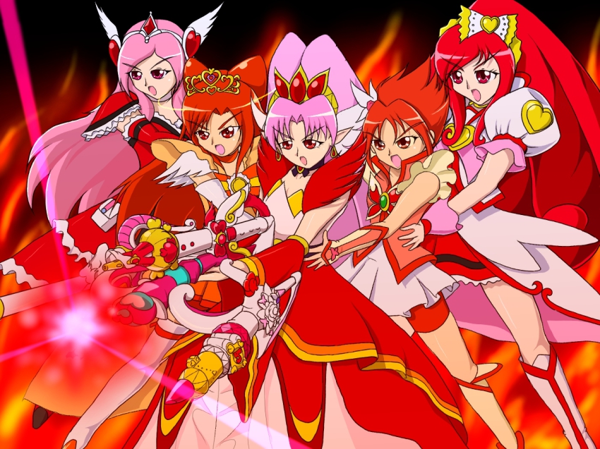 00s 10s 5girls akagi_towa brooch color_connection cure_ace cure_passion cure_rouge cure_scarlet cure_sunny dokidoki!_precure dress fiery_background fire fresh_precure! glint go!_princess_precure gradient_background heart helios_(divisar) helios_(pixiv_id_435153) higashi_setsuna hino_akane_(smile_precure!) jewelry madoka_aguri multiple_girls natsuki_rin open_mouth pink_hair pointy_ears ponytail power_connection precure red_dress red_eyes red_hair smile_precure! yes!_precure_5 yes!_precure_5_gogo!