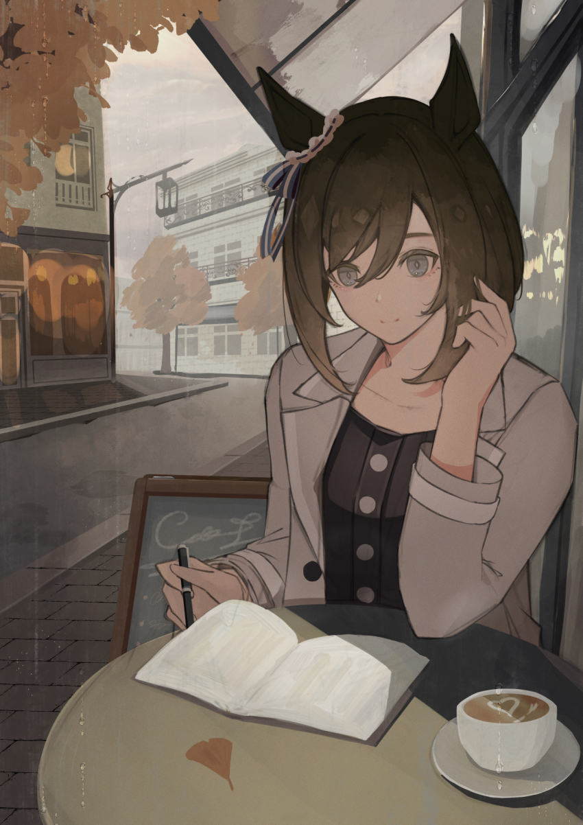 1girl animal_ears blue_eyes blue_ribbon bow brown_hair cafe closed_mouth coffee cum ear_ornament ear_ribbon eishin_flash_(umamusume) elbow_on_table ginkgo_leaf grey_jacket hair_between_eyes highres holding holding_notebook holding_pen horse_ears horse_girl jacket lamppost leaf long_sleeves looking_at_viewer notebook open_clothes open_jacket pen purple_eyes ribbon road shikahisa_totani short_hair sign sitting smile solo street table tree umamusume