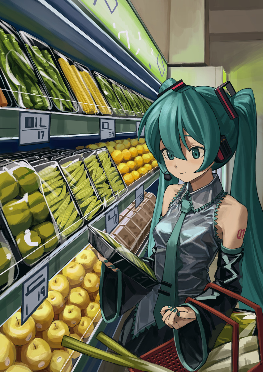 1girl absurdres an_yb apple aqua_eyes aqua_hair aqua_nails aqua_necktie aqua_sleeve_cuffs basket bell_pepper black_skirt black_sleeves closed_mouth collared_shirt commentary corn cowboy_shot detached_sleeves food frilled_shirt frills fruit grey_shirt hair_between_eyes hatsune_miku headset highres holding holding_basket indoors light_smile long_hair looking_at_object microphone miku_day necktie peas shelf shirt shopping shopping_basket skirt sleeveless sleeveless_shirt solo spring_onion standing supermarket symbol-only_commentary twintails vegetable very_long_hair vocaloid wide_sleeves
