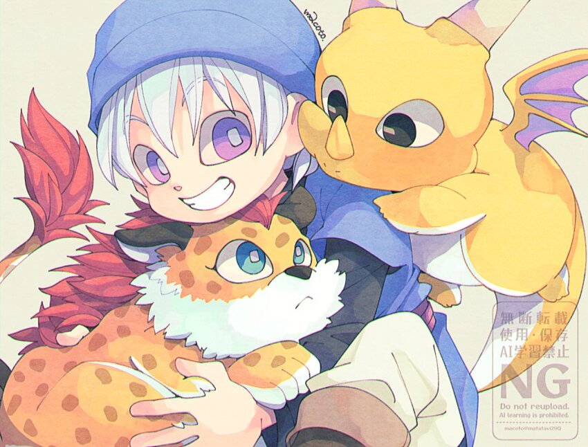 1boy 29qmatatavi 2others aged_down aqua_eyes bat_wings black_eyes black_shirt blue_hat blue_tunic boots bright_pupils brown_boots child creature dragon dragon_quest dragon_quest_monsters dragon_quest_monsters:_terry&#039;s_wonderland dragon_quest_vi great_sabrecub grin hat holding holding_creature horns looking_to_the_side multiple_others nose_horn pants purple_eyes shirt short_hair sitting small_fry_(dragon_quest) smile spotted_fur tail terry_(dq6) tunic white_hair white_horns white_pants white_pupils wings yellow_scales