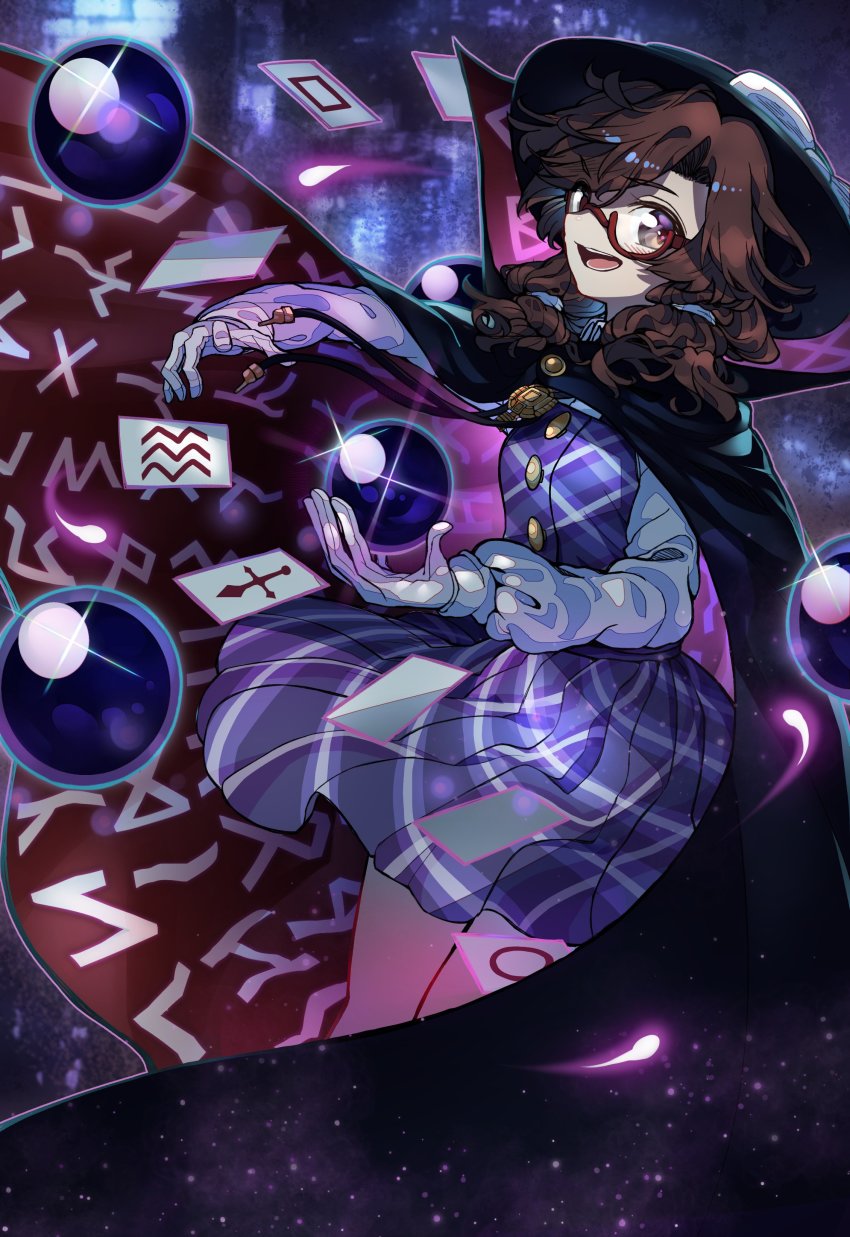 1girl absurdres black_cape bolo_tie bow breasts brown_hair cape cloak clothes_writing commentary_request creeper_(gametime) fedora glasses hat hat_bow high_collar highres long_sleeves low_twintails occult_ball plaid_clothes plaid_skirt plaid_vest purple_skirt purple_vest quimbaya_airplane red-framed_eyewear runes school_uniform semi-rimless_eyewear shirt short_hair skirt small_breasts solo telekinesis touhou twintails under-rim_eyewear usami_sumireko vest white_shirt zener_card
