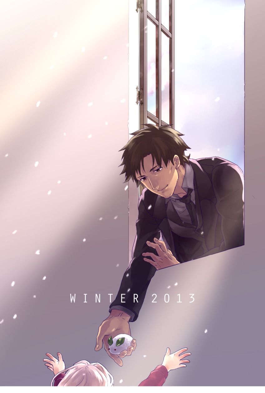 01rosso 1boy 1girl bad_id bad_pixiv_id black_eyes black_hair emiya_kiritsugu fate/zero fate_(series) father_and_daughter highres illyasviel_von_einzbern long_hair snow_rabbit snowing white_hair window