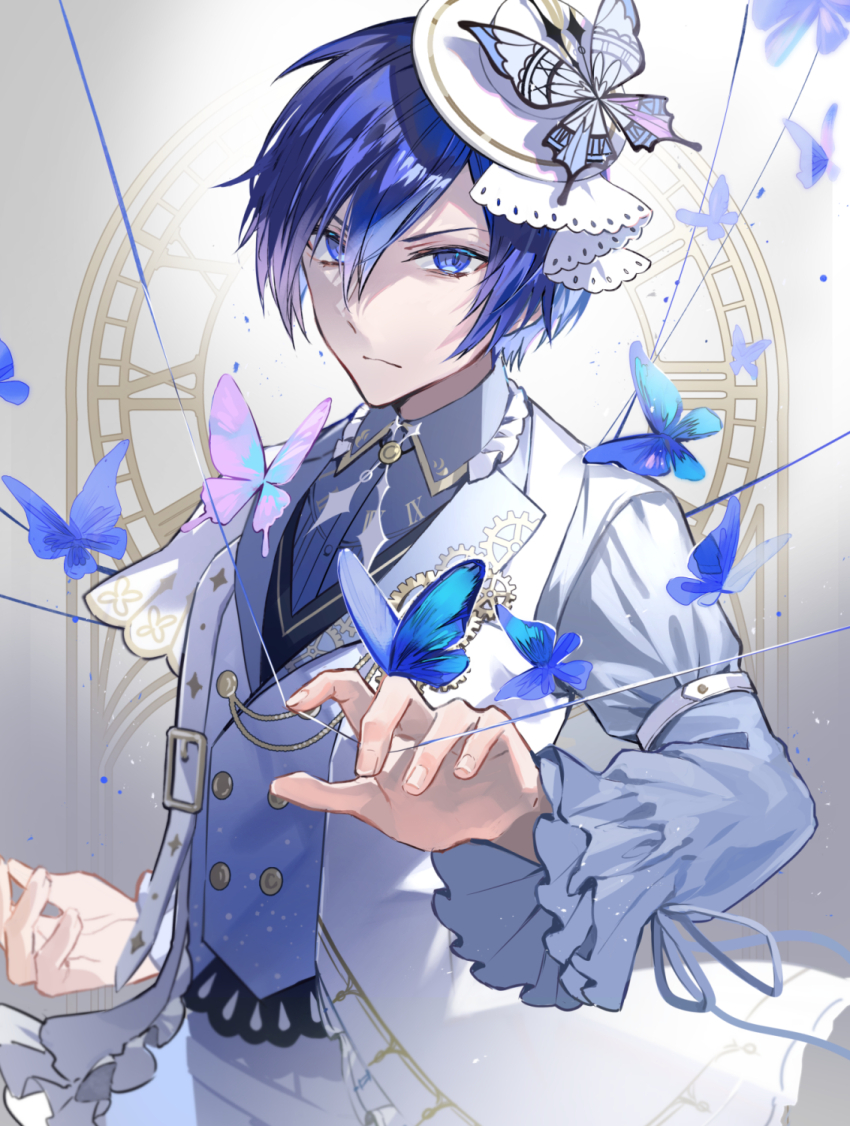 1boy 25-ji_kaito analog_clock arm_belt belt_buckle blue_butterfly blue_eyes blue_hair blue_ribbon blue_shirt buckle bug butterfly butterfly_hat_ornament buttons clock clock_hands closed_mouth coat collared_shirt commentary_request double-breasted expressionless flutter_of_butterflies_(project_sekai) frilled_shirt_collar frilled_sleeves frills gear_print gears hair_between_eyes hat hat_ornament highres insect jacket kaito_(vocaloid) long_sleeves mini_hat mixed-language_commentary open_clothes open_coat pants poppoman project_sekai ribbon roman_numeral shirt sidelocks sleeveless sleeveless_coat solo star_(symbol) star_print thread upper_body vest vocaloid white_hat white_jacket white_pants white_vest