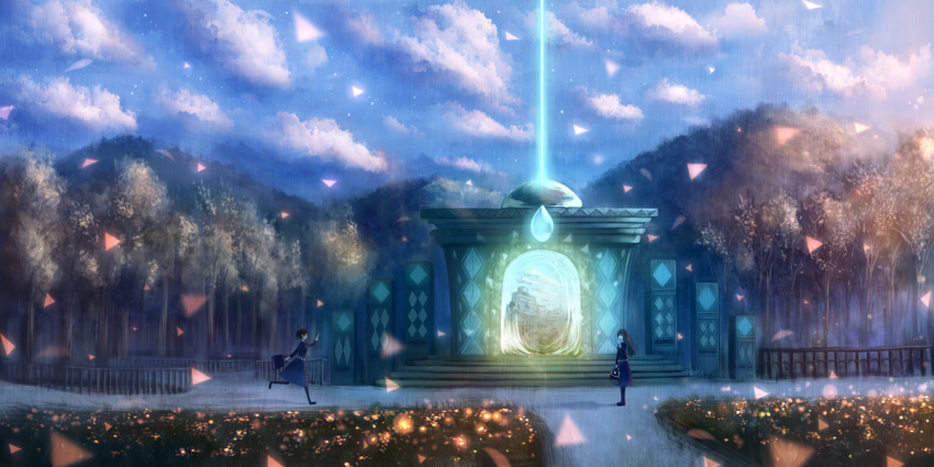 2girls bag beam blue_shirt blue_skirt blue_sky cloud cloudy_sky commentary_request day flower forest gate gem holding holding_bag horizon long_hair magic mountain mountainous_horizon multiple_girls nature original portal_(object) railing running sakimori_(hououbds) scenery school_uniform shirt short_hair skirt sky stairs standing