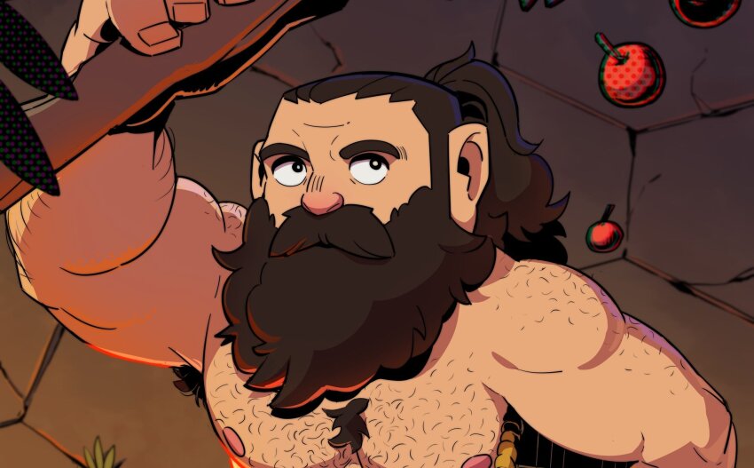 1boy armpit_hair armpit_hair_peek back_hair bara beard beard_over_mouth brown_hair dungeon_meshi dwarf facial_hair hairy highres long_beard male_focus muscular muscular_male mustache nipples nude official_alternate_hairstyle paid_reward_available pectorals ponytail senshi_(dungeon_meshi) solo sparse_arm_hair thick_chest_hair thick_mustache toraboi upper_body very_long_beard