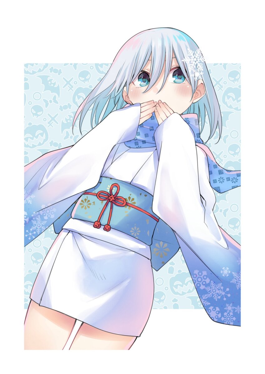 1girl amagami-san_chi_no_enmusubi amagami_asahi blue_eyes blue_hair blue_sash blue_scarf border breasts commentary_request covering_own_mouth halloween highres japanese_clothes kimono marcey medium_breasts obi sash scarf short_kimono snowflake_print solo white_border white_kimono