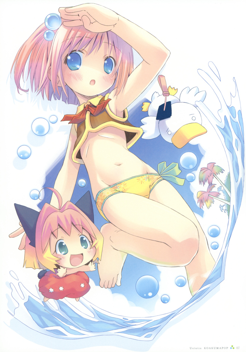 00s 2girls :d :o absurdres ah-kun ahoge animal animal_ears artbook bare_legs barefoot bikini bikini_bottom_only bird blue_eyes blush cat_ears chibi crop_top crossover duck feet flat_chest gradient_hair green_eyes hair_bobbles hair_ornament hat highres looking_away magical_girl midriff moetan multicolored_hair multiple_girls nijihara_ink non-web_source o_o open_mouth palm_tree pop potemayo potemayo_(character) puffy_pants red_hair ribbon salute short_hair short_twintails side-tie_bikini_bottom smile swimsuit toes topless_female tree twintails water