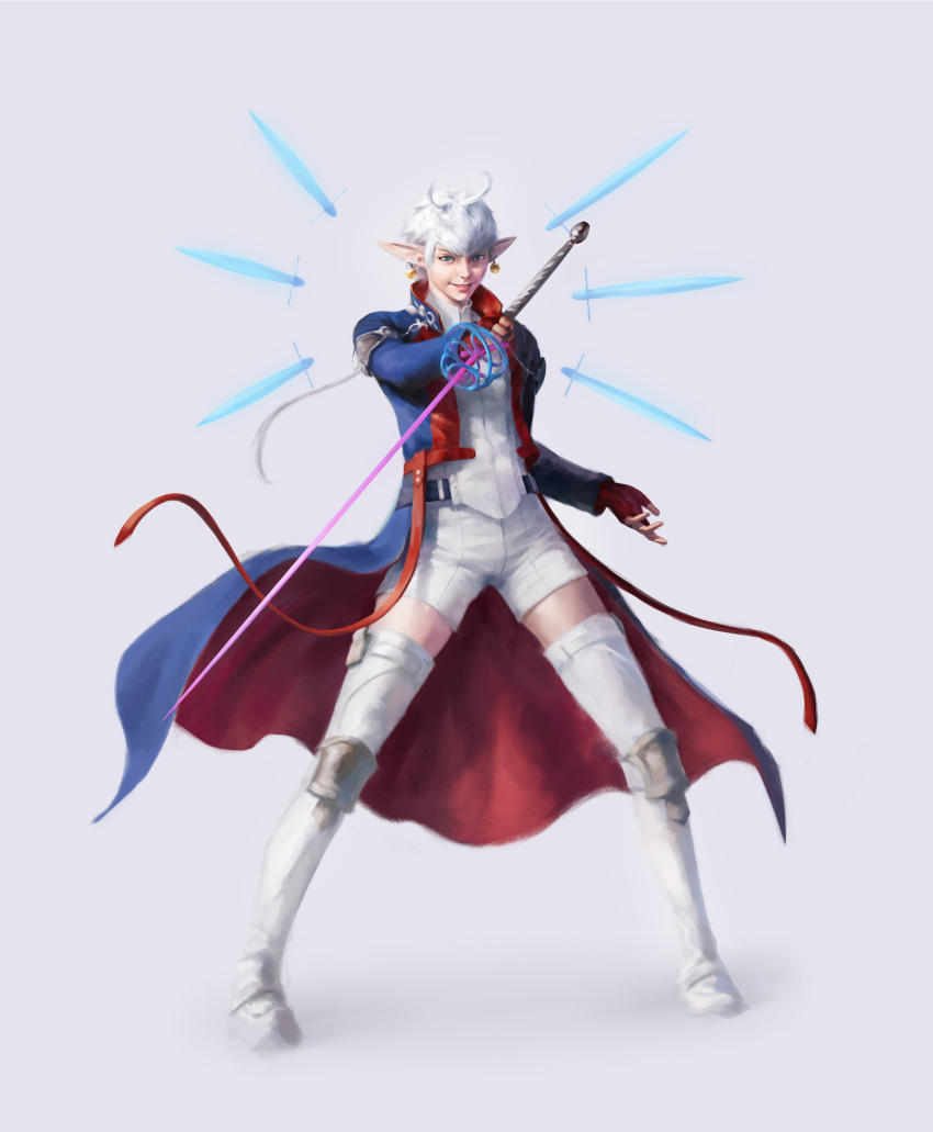 1other absurdres alisaie_leveilleur alphinaud_leveilleur blue_coat boots coat earrings elezen elf final_fantasy final_fantasy_xiv formtheheadcom full_body fusion grin highres holding holding_sword holding_weapon jewelry looking_at_viewer open_clothes open_coat pointy_ears rapier red_mage_(final_fantasy) reverse_grip sage_(final_fantasy) shorts simple_background smile sword thigh_boots vest weapon white_background white_boots white_hair white_shorts white_vest