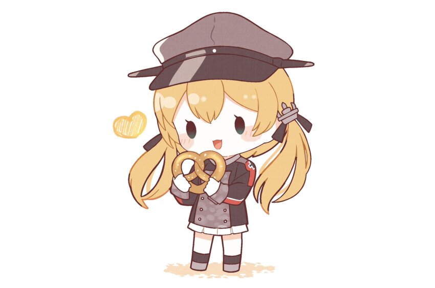 1girl blonde_hair blush food full_body gloves green_eyes grey_hat hair_between_eyes hat heart highres holding holding_food kantai_collection long_hair long_sleeves low_twintails military_uniform nada_namie open_mouth peaked_cap pleated_skirt pretzel prinz_eugen_(kancolle) simple_background skirt smile solo standing twintails white_background white_gloves white_skirt