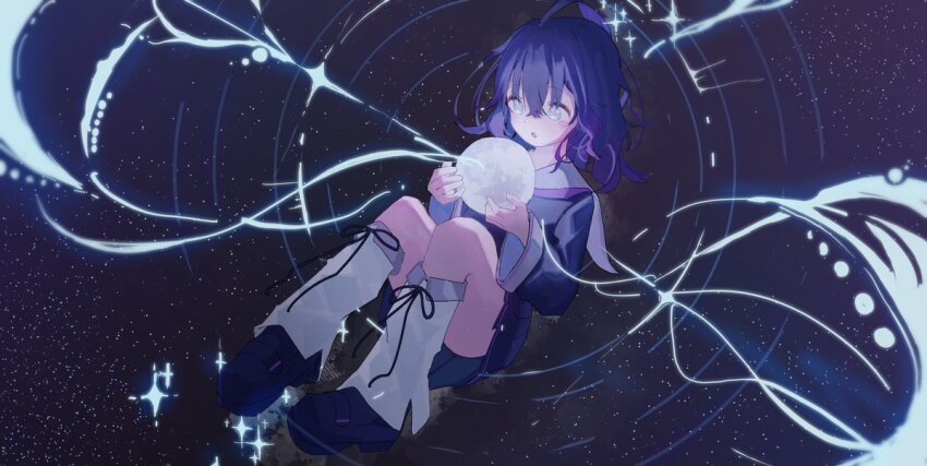 1girl :o ahoge black_shoes brianlee709 commentary commission convenient_leg english_commentary floating full_body grey_eyes holding_planet leg_warmers loafers long_hair long_sleeves moon neckerchief original pleated_skirt purple_hair purple_neckerchief purple_serafuku purple_skirt sailor_collar school_uniform serafuku shoes skirt solo space sparkle star_(sky) white_leg_warmers white_sailor_collar wide_sleeves