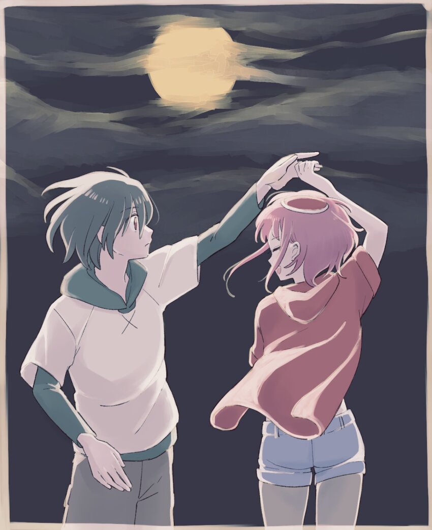 1boy 1girl bellri_zenam black_hair closed_eyes couple dancing full_moon gundam gundam_g_no_reconguista hair_between_eyes hat hetero highres holding_hands moon night night_sky noredo_nug open_mouth pants pink_hair sbr_ghn shirt short_hair shorts sky smile
