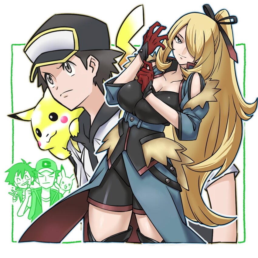 1girl 3boys adjusting_clothes adjusting_gloves ash_ketchum black_hat black_ribbon black_shorts blonde_hair breasts brock_(pokemon) brown_hair cleavage closed_mouth commentary_request cynthia_(pokemon) cynthia_(sygna_suit)_(aura)_(pokemon) eyelashes frown gen_1_pokemon gloves grey_eyes hair_over_one_eye hair_ribbon hands_up hat highres hood hoodie jacket kenchi long_hair multiple_boys nintendo official_alternate_costume on_shoulder pikachu pokemon pokemon_(anime) pokemon_(creature) pokemon_journeys pokemon_masters_ex pokemon_on_shoulder pokemon_rgby ponytail red_(pokemon) red_(sygna_suit)_(thunderbolt)_(pokemon) red_gloves ribbon short_hair shorts smile thumbs_up v white_jacket