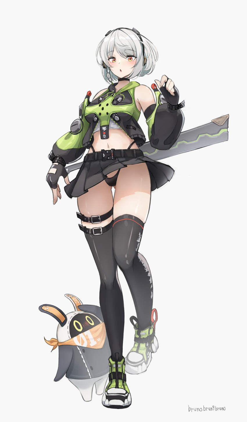 1girl absurdres accidental_exposure anby_demara artist_name bangboo_(zenless_zone_zero) belt black_belt black_choker black_gloves black_panties black_skirt black_thighhighs brunobrun9bruno cameltoe choker commentary detached_sleeves eous_(zenless_zone_zero) fingerless_gloves full_body gloves green_shoes grey_background high-waist_panties highleg highleg_panties highres looking_at_viewer navel ooarai_school_uniform orange_eyes panties pleated_skirt school_uniform shoes short_hair simple_background skirt solo standing standing_on_one_leg sword thigh_belt thigh_strap thighhighs thighs underwear weapon white_hair wind wind_lift zenless_zone_zero