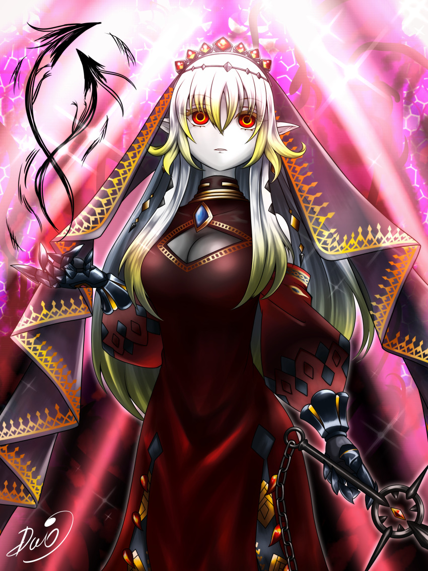 1girl absurdres black_tiara black_veil blazing_cartesia_the_virtuous breasts cleavage duel_monster dyuo ecclesia_(yu-gi-oh!) hair_between_eyes highres holding holding_sword holding_weapon large_breasts long_hair long_sleeves open_mouth pointy_ears red_eyes solo sword tiara veil weapon white_hair yu-gi-oh!