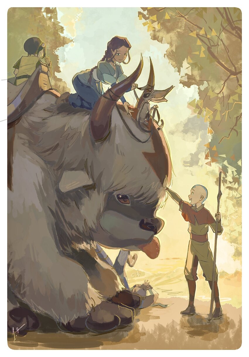 2boys 2girls aang appa avatar:_the_last_airbender avatar_legends bald braid braided_ponytail brown_hair dark-skinned_female dark_skin highres holding holding_staff horns katara laughing lemur momo_(avatar) multiple_boys multiple_girls onepointzero petting saddle smile sokka staff tongue tongue_out toph_beifong tree