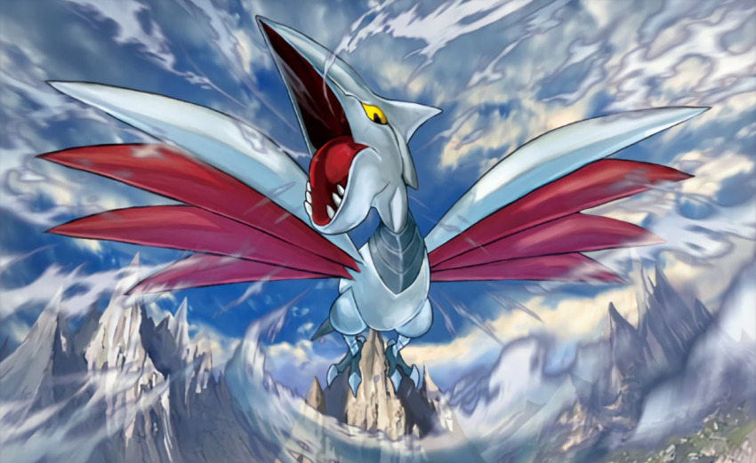 anesaki_dynamic animal_focus bird creature flying gen_2_pokemon looking_at_viewer nintendo no_humans official_art pokemon pokemon_(creature) pokemon_tcg skarmory solo third-party_source yellow_eyes