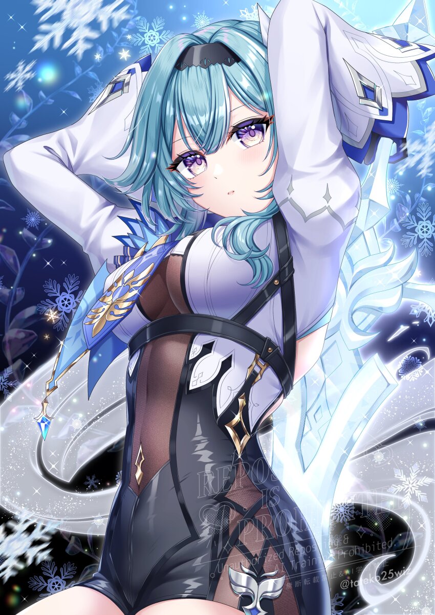 1girl absurdres arms_up black_background black_hairband blue_background blue_cape blue_hair blue_necktie breasts cape chest_harness crystal_sword eula_(genshin_impact) genshin_impact gradient_background hairband harness high-waist_shorts highres holding holding_behind_back holding_sword holding_sword_behind_back holding_weapon holding_weapon_behind_back long_sleeves looking_at_viewer medium_breasts medium_hair necktie parted_lips purple_eyes shorts snowflakes solo sword tateko25wiz upper_body weapon wide_sleeves