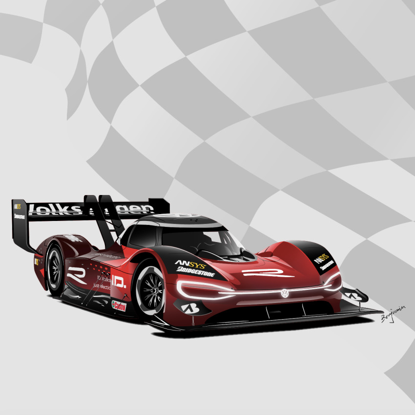 benjamin_(user_scjv3278) bridgestone car castrol glowing highres le_mans_prototype motor_vehicle no_humans original race_vehicle racecar red_car shadow spoiler_(automobile) sponsor vehicle_focus volkswagen volkswagen_id.r
