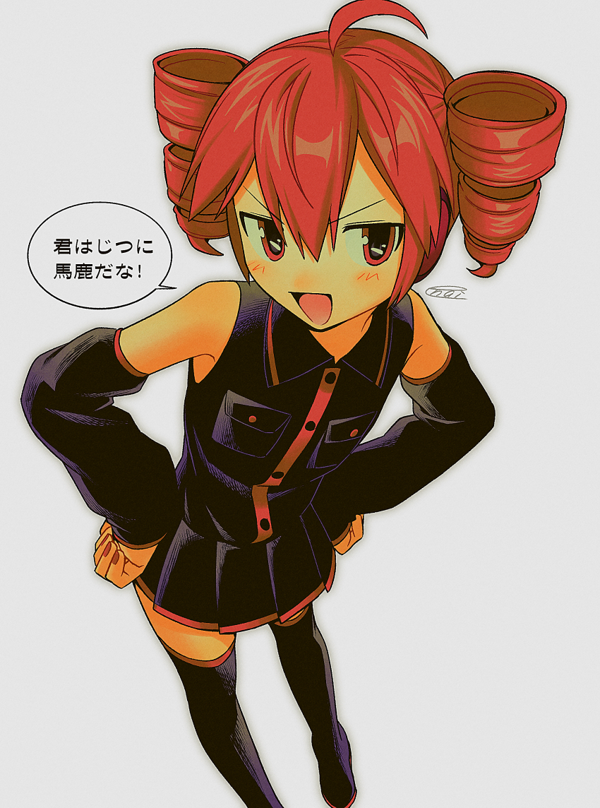 1girl :d absurdres ahoge bare_shoulders black_boots black_shirt black_skirt black_sleeves blush boots buttons catchphrase collared_shirt colored_shoe_soles detached_sleeves double-parted_bangs drill_hair film_grain flat_chest foot_out_of_frame from_above grey_background hair_between_eyes hands_on_own_hips highres jitome kasane_teto kasane_teto_(utau) legs_apart long_sleeves looking_at_viewer menma_(enaic31) miniskirt nail_polish open_mouth pleated_skirt pocket red_eyes red_hair red_nails red_trim retro_artstyle shirt short_hair signature simple_background skirt sleeveless sleeveless_shirt smile solo speech_bubble standing thigh_boots thighhighs translated turning_head twin_drills utau v-shaped_eyebrows zettai_ryouiki