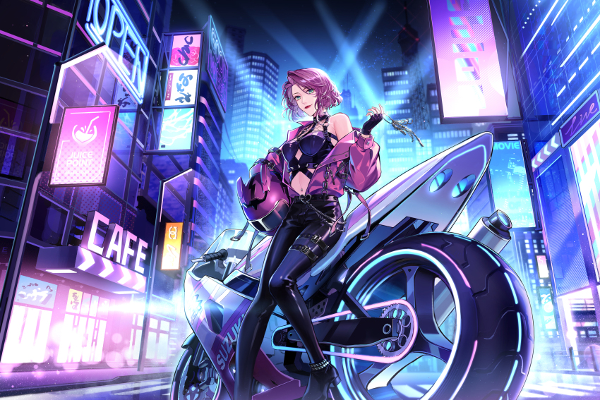 1girl absurdres ai_jia bare_shoulders belt belt_buckle black_belt black_boots black_gloves black_pants black_shirt boots breasts buckle building buttons chain chinese_commentary city closed_mouth clothing_cutout commentary_request crop_top dream_mansion eyelashes fingerless_gloves fishnet_top fishnets foot_out_of_frame glint gloves green_eyes hand_up heart heart-shaped_buckle helmet highres holding jacket keyring kongzao lens_flare light_particles lipstick long_sleeves looking_at_viewer makeup medium_breasts motor_vehicle motorcycle motorcycle_helmet navel navel_piercing neon_lights night night_sky off_shoulder open_clothes open_jacket outdoors pants parted_bangs piercing puffy_long_sleeves puffy_sleeves purple_hair purple_jacket purple_ribbon red_lips ribbon road shirt short_hair sign sky skyscraper sleeveless sleeveless_shirt smile spikes standing stomach street swept_bangs tower window zipper zipper_pull_tab