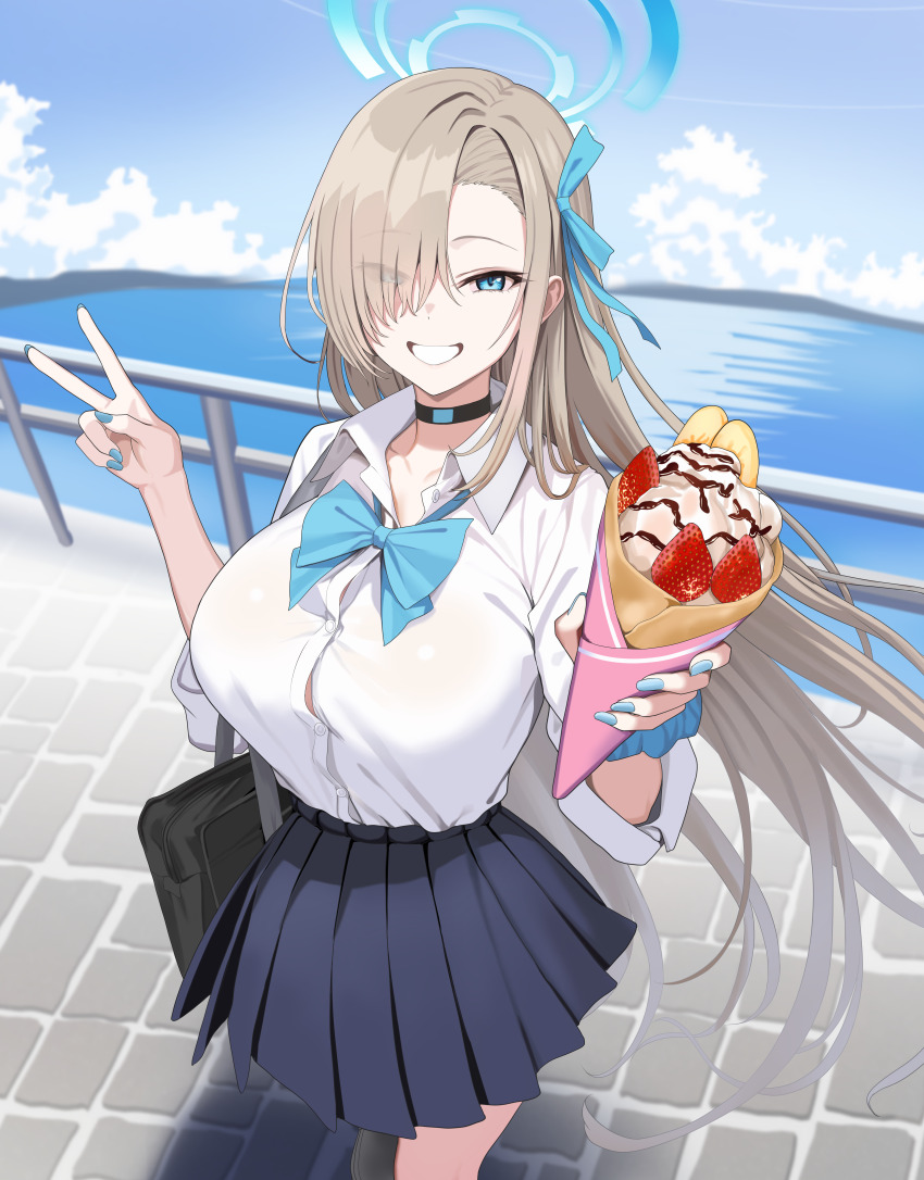 1girl absurdres asuna_(blue_archive) asuna_(school_uniform)_(blue_archive) black_choker blue_archive blue_bow blue_eyes blue_halo blue_nails blue_skirt bow breasts brown_hair choker cloud collared_shirt crepe day dress_shirt eyes_visible_through_hair fingernails food fruit grin hair_over_one_eye halo hands_up hidis0086 highres holding holding_crepe holding_food large_breasts long_hair looking_at_viewer nail_polish official_alternate_costume outdoors pleated_skirt shirt skirt sky smile solo strawberry v very_long_hair white_shirt