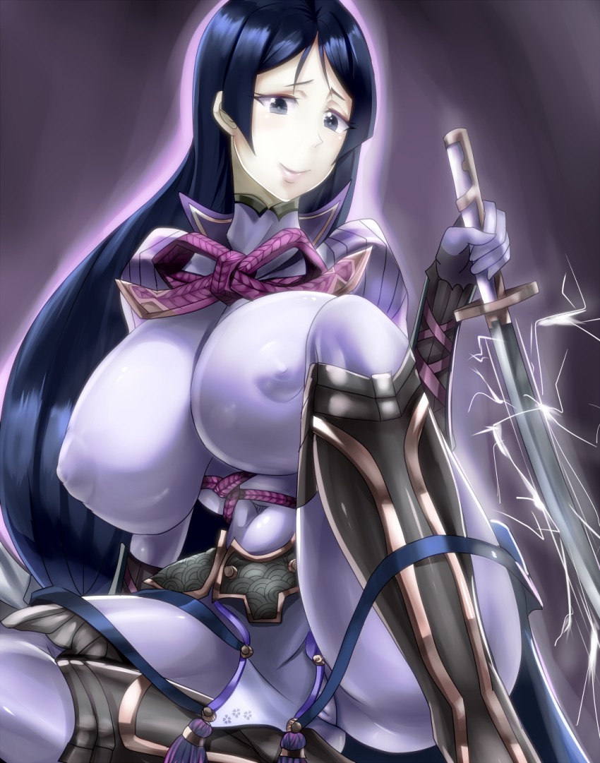 1girl blue_eyes blue_hair bodysuit breasts cameltoe covered_erect_nipples covered_navel fate/grand_order fate_(series) female_focus highres huge_breasts katana large_areolae long_hair looking_down matching_hair/eyes minamoto_no_raikou_(fate) sakuama smile solo sword thighs weapon