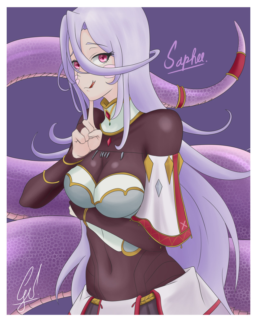 1girl absurdres breasts bridal_gauntlets cleavage female_focus finger_on_cheek gado_soulsilver hair_between_eyes highres lamia light_purple_hair looking_at_viewer medium_breasts monster_girl monster_musume_no_oisha-san ornament purple_background red_eyes saphentite_neikes scales snake_tongue solo tail tongue tongue_out