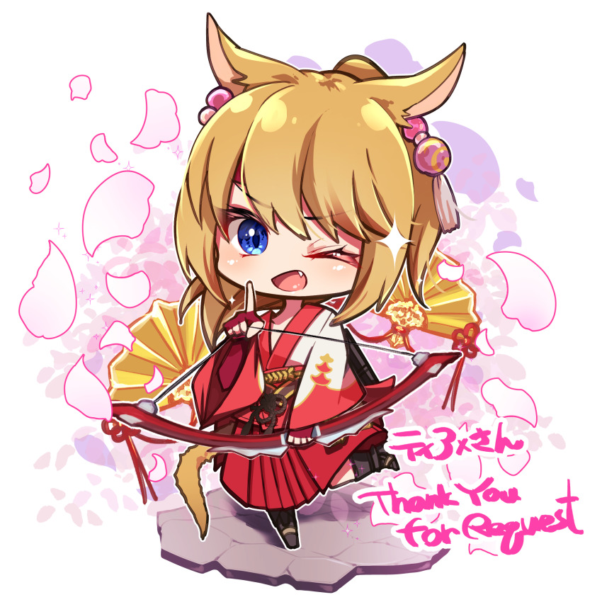 1girl animal_ears archery az_(colorb05) blonde_hair blue_eyes bow_(weapon) cat_ears cat_girl cat_tail chibi chibi_only commission drawing_bow english_text fang final_fantasy final_fantasy_xiv fingerless_gloves gloves hakama hakama_skirt highres holding holding_bow_(weapon) holding_weapon japanese_clothes looking_at_viewer miqo&#039;te mixed-language_commentary one_eye_closed open_mouth petals skeb_commission skirt solo tail weapon