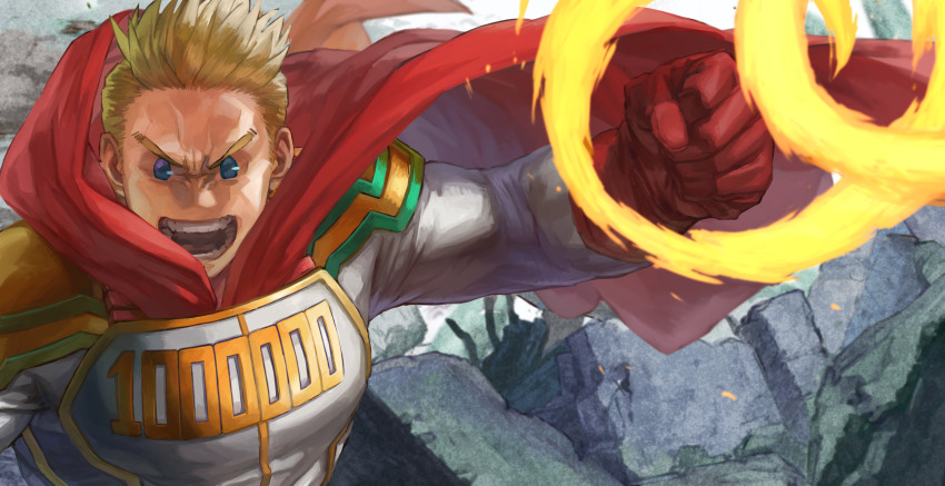 1boy absurdres angry armor blonde_hair blue_eyes bodysuit boku_no_hero_academia cape clenched_hand commentary_request furrowed_brow gloves highres looking_at_viewer male_focus open_mouth red_cape red_gloves rubble shoulder_armor shouting superhero_costume swept_bangs togata_mirio white_bodysuit yomoyama_yotabanashi