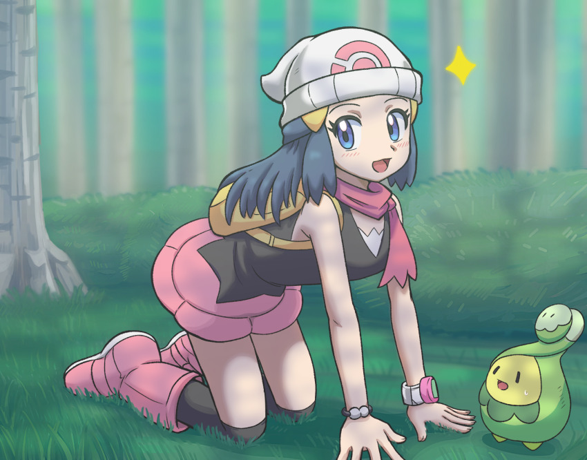 1girl :d all_fours backpack bag beanie black_hair blue_eyes blurry blurry_background boots bracelet budew bush commentary_request dawn_(pokemon) day eyelashes gen_4_pokemon grass hair_ornament hairclip hat jewelry long_hair nintendo open_mouth outdoors over-kneehighs pokemon pokemon_(anime) pokemon_(creature) pokemon_dppt_(anime) poketch scarf shirt skirt sleeveless sleeveless_shirt smile takamame thighhighs tongue tree watch wristwatch yellow_bag