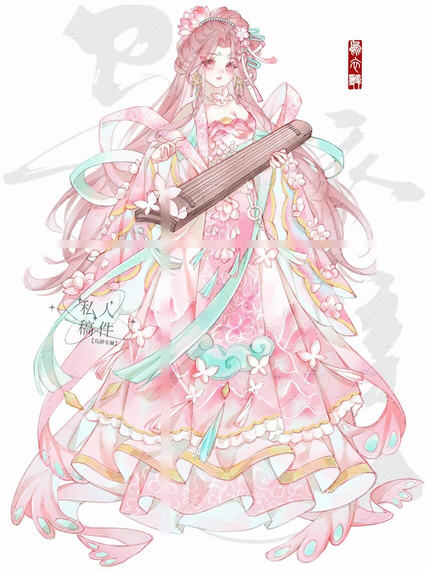 1girl absurdres bad_source breasts chinese_clothes chinese_text dress earrings facial_mark flower forehead_mark full_body guzheng hair_flower hair_ornament hair_slicked_back highres holding holding_instrument instrument jewelry long_hair long_sleeves looking_at_viewer music open_mouth original pink_dress pink_eyes pink_flower pink_hair playing_instrument ribbon shawl signature simple_background smile solo standing very_long_hair white_background wide_sleeves